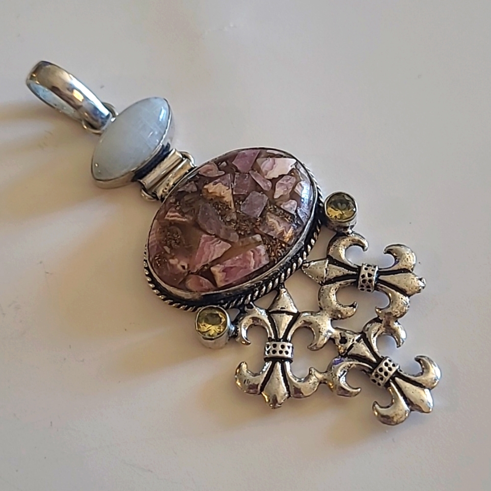 925 Silver Rhodochrosite, Citrine, and Moonstone Pendant